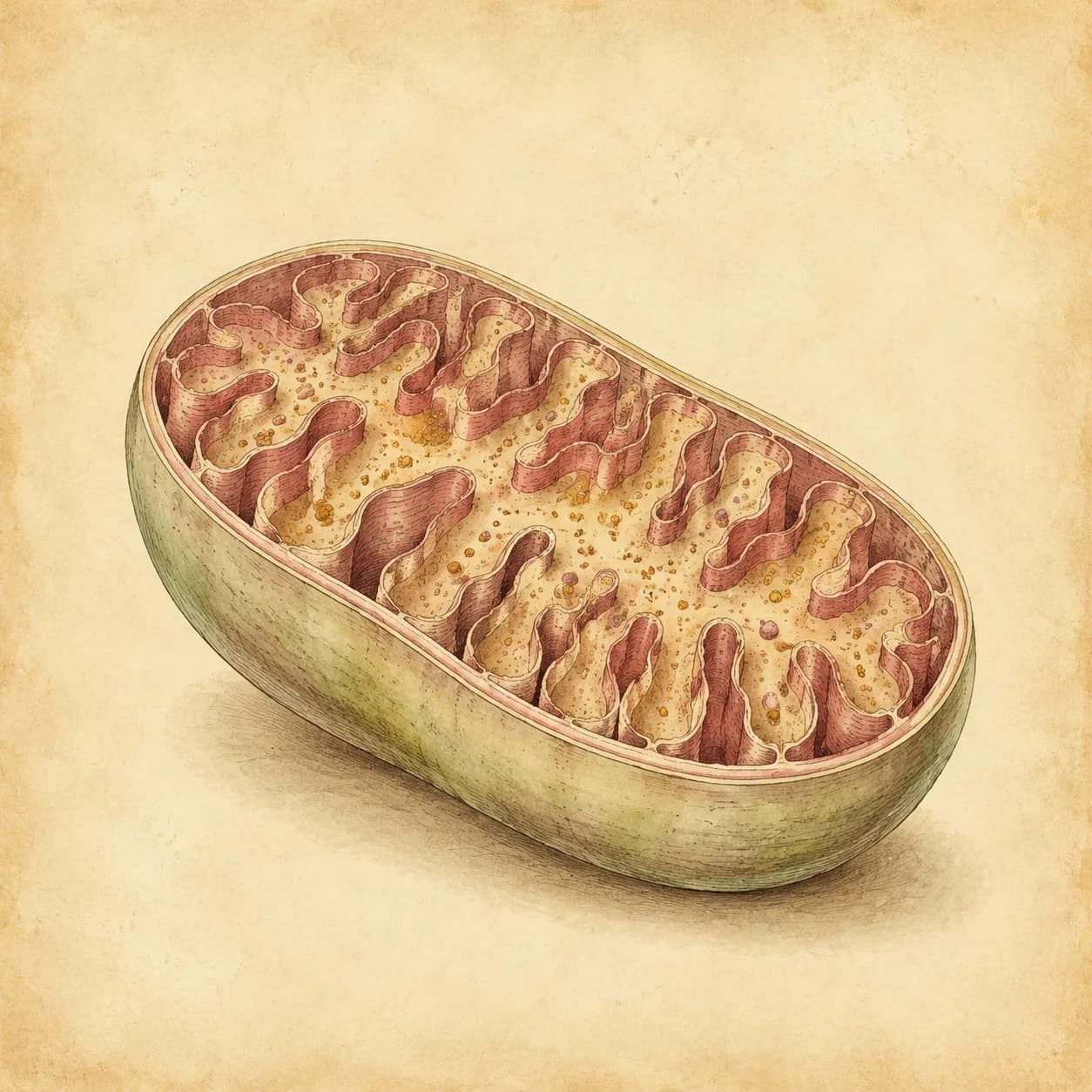 A watercolor illustration of a mitochondrion in cross-section, showing the inner membrane folds
